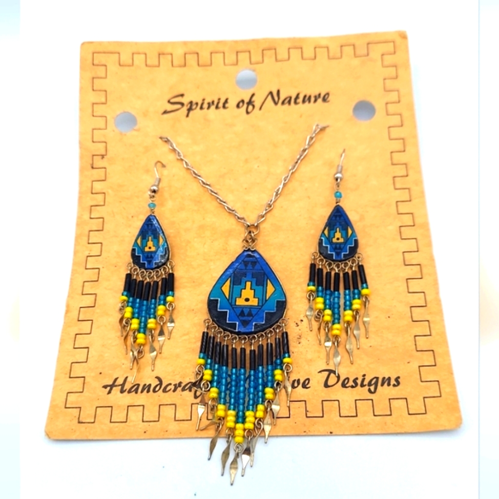 Spirit Of Nature Peruvian Beaded Necklace Earrings Set Blue Yellow